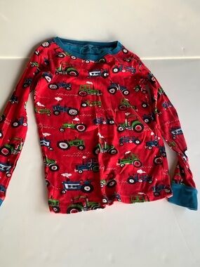 Hatley Red Tractor Print Long Sleeve Tee with Blue Trim